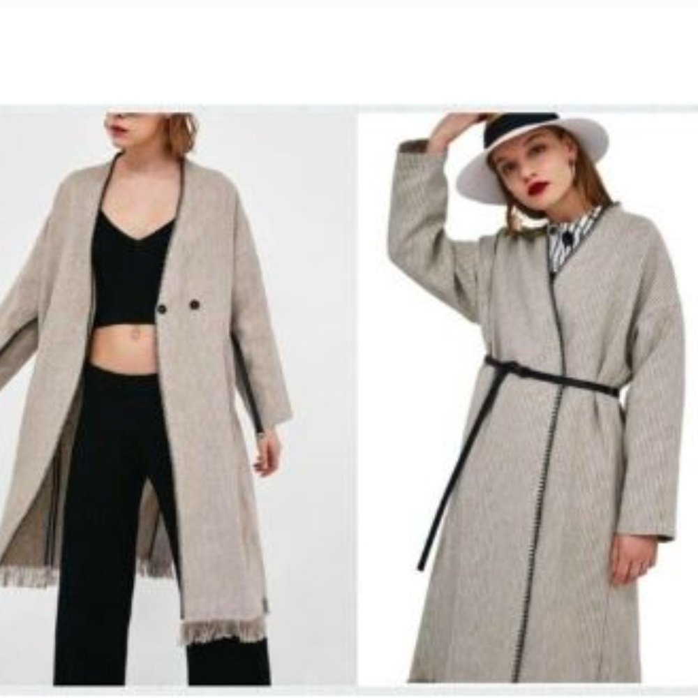 Zara Midi Coat Size Medium Linen Beige Ecru Brown Striped Fringe Trim Duster